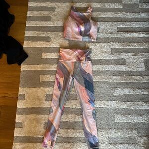 Athleta Pastel Pink, Blue & Gray Watercolor Top and Leggings Set